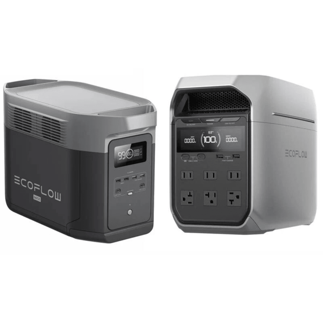 EcoFlow DELTA 2 Max and DELTA 3 Plus portable power stations with solar panel, shown with multiple outlets and compact design.