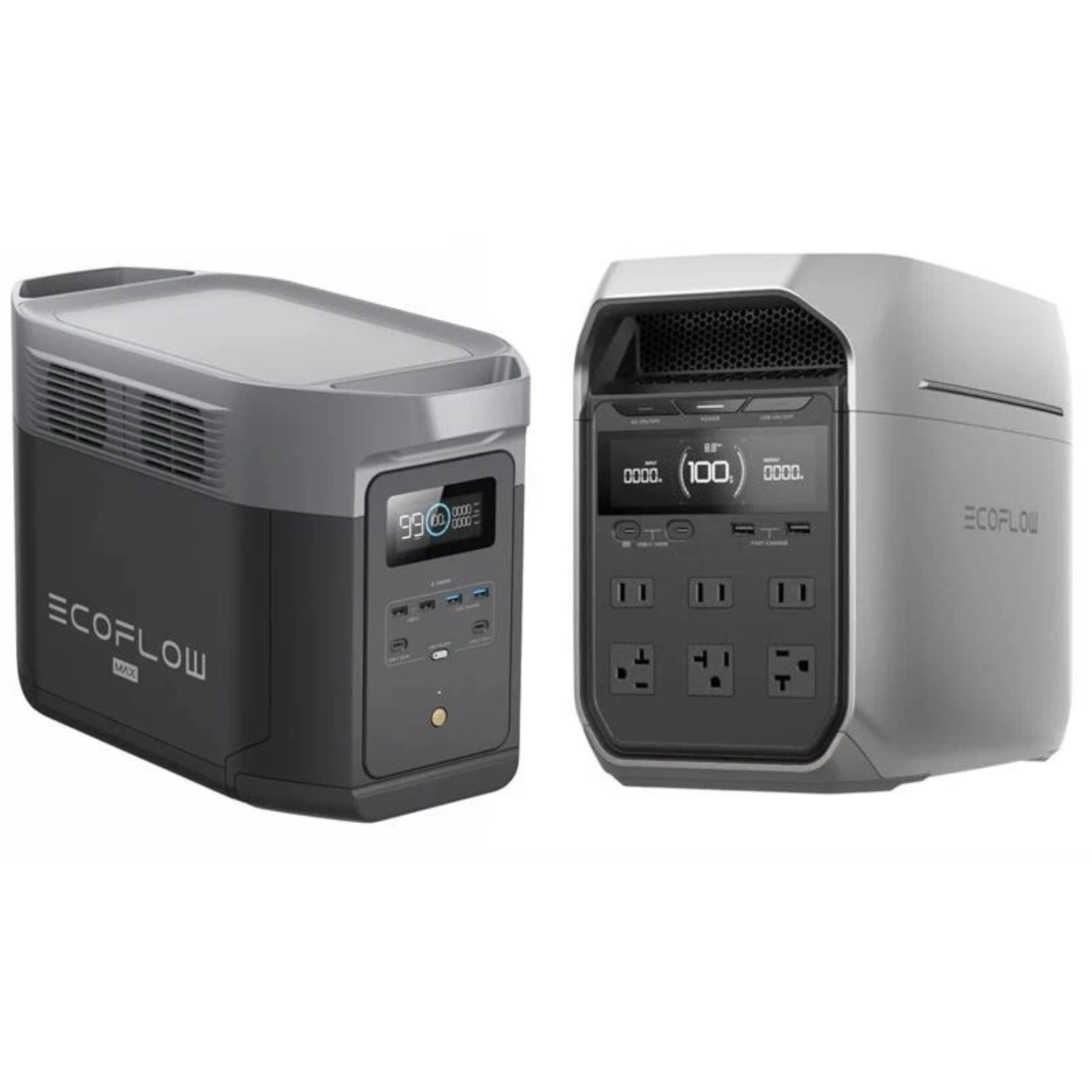 EcoFlow DELTA 2 Max and DELTA 3 Plus portable power stations with solar panel for outdoor and emergency energy backup.