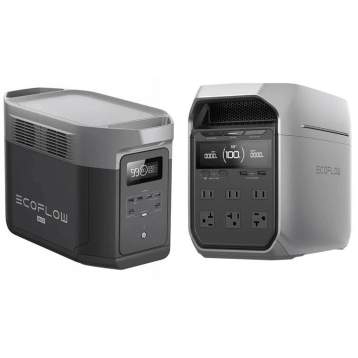 EcoFlow DELTA 2 Max and DELTA 3 Plus portable power stations with solar panel, shown with multiple outlets and compact design.