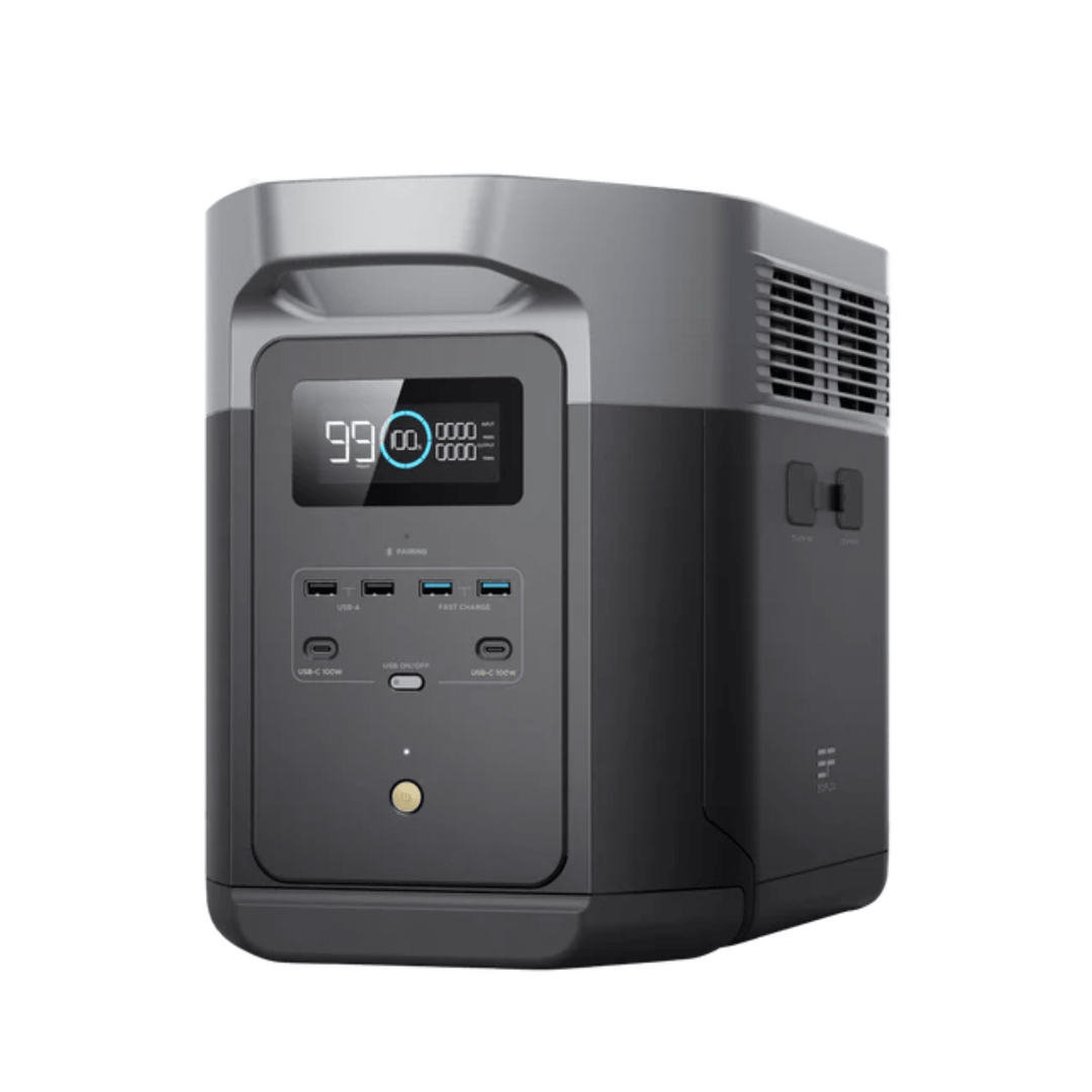 EcoFlow DELTA 2 Max and DELTA 3 Plus portable power stations with solar panel for outdoor and emergency power solutions.