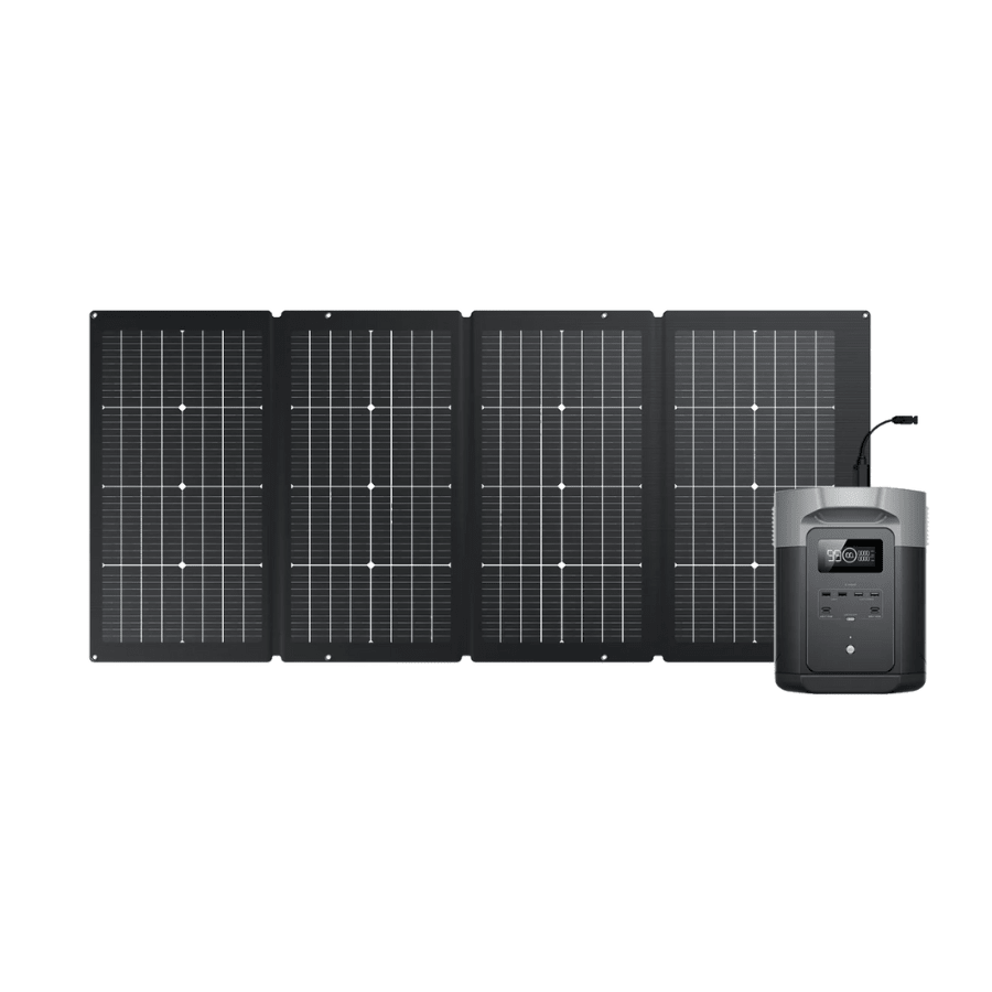 EcoFlow DELTA 2 Max portable power station with a 220W solar panel for outdoor and emergency power needs.