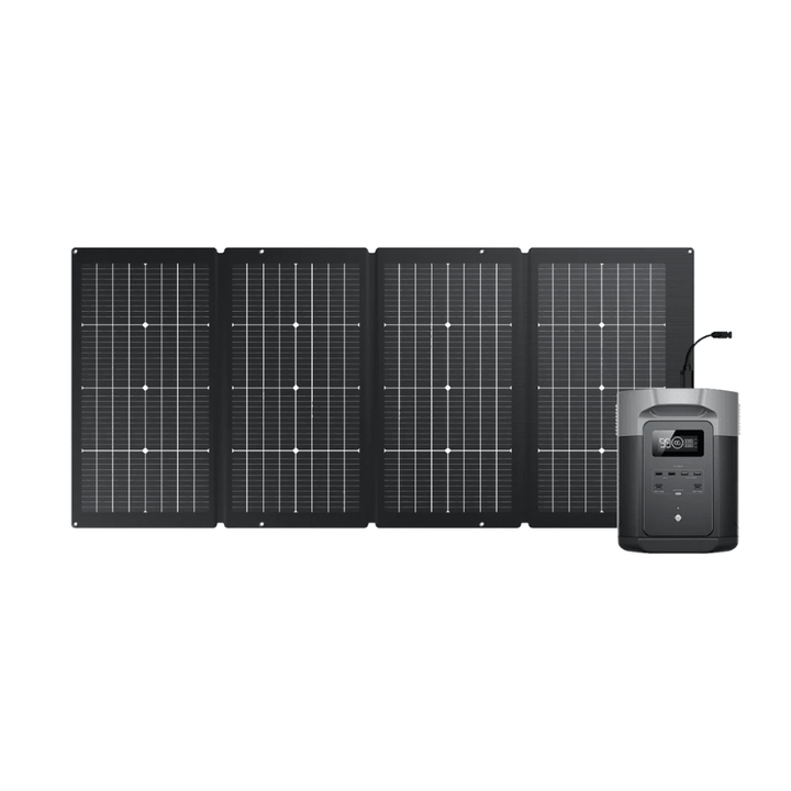 EcoFlow DELTA 2 Max portable power station with a 220W solar panel for outdoor and emergency power needs.