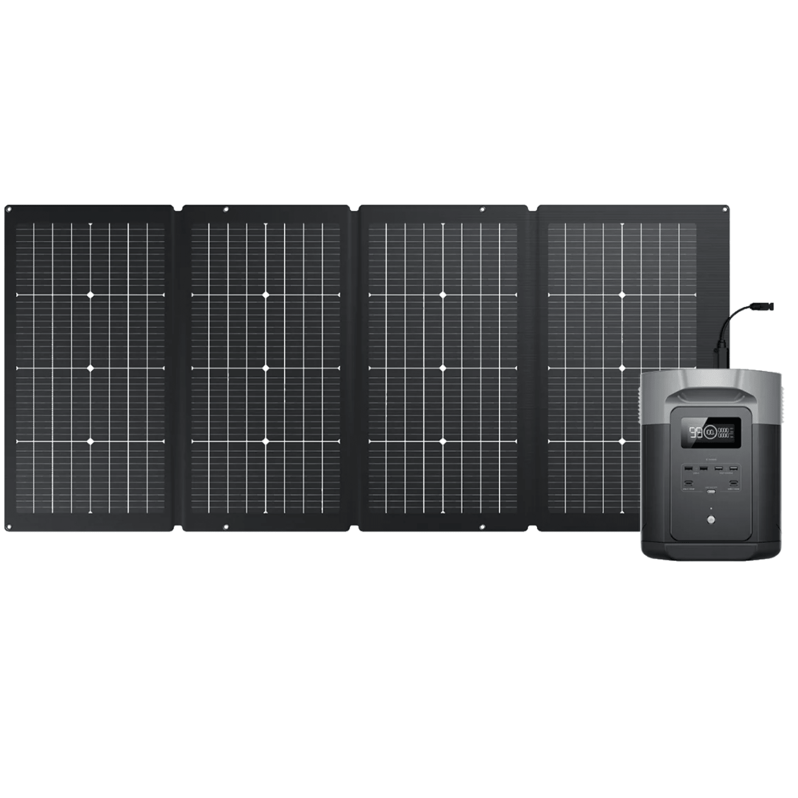 EcoFlow DELTA 2 Max portable power station with connected 220W solar panel, showing digital display and power outlets.