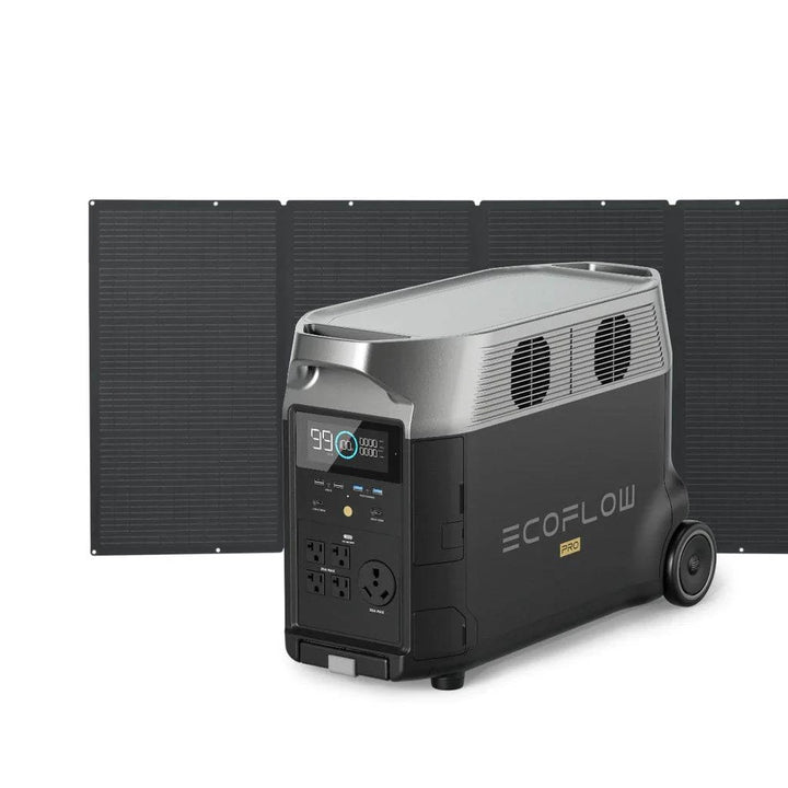 EcoFlow DELTA Pro portable power station with 3600Wh capacity and 400W solar panel for renewable energy and outdoor power needs.