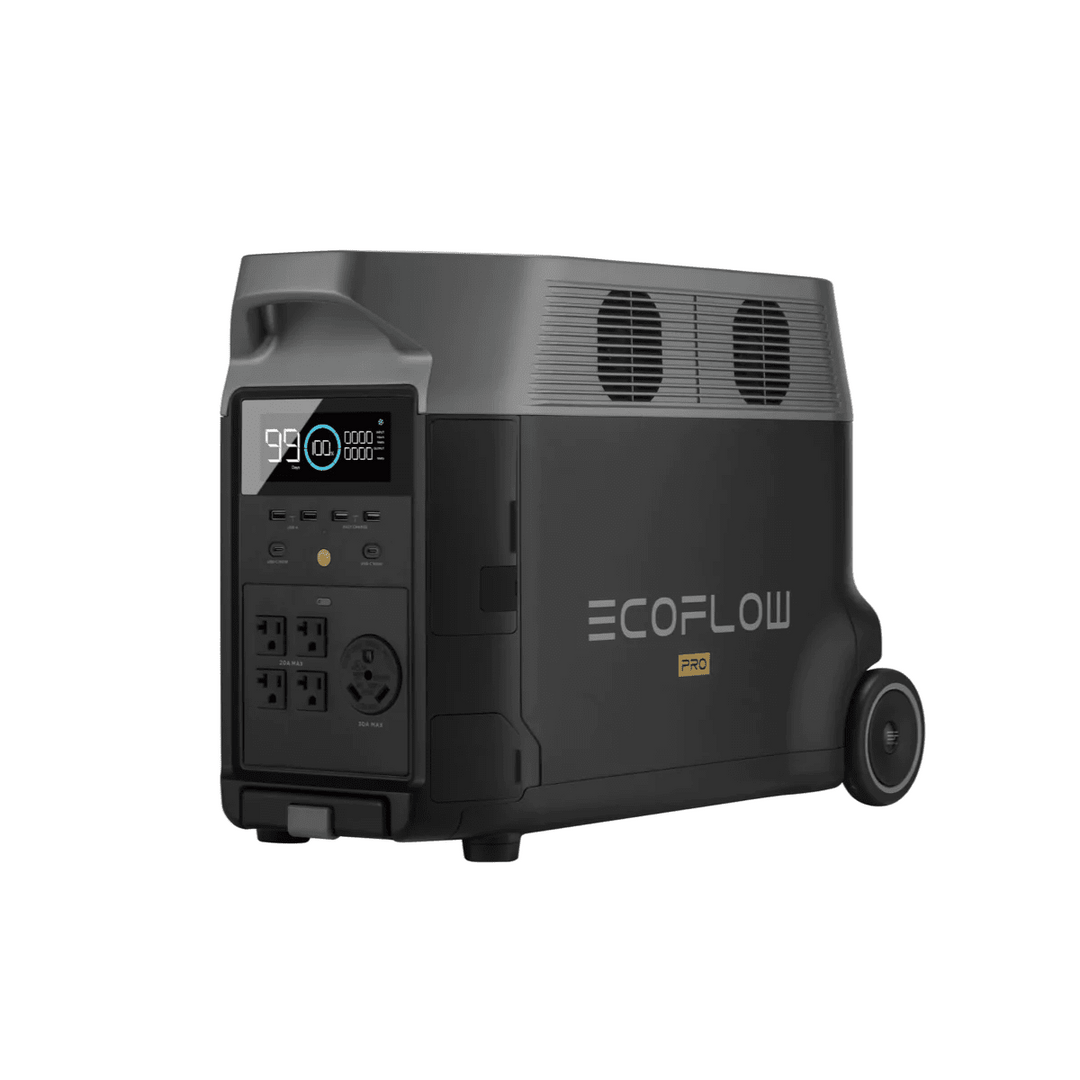 EcoFlow DELTA Pro portable power station with 3600Wh capacity next to a 400W solar panel, showing the device&