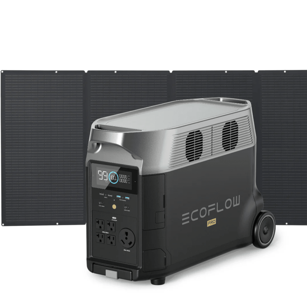 EcoFlow DELTA Pro portable power station with 3600Wh capacity and 400W solar panel for renewable energy and portable power needs.