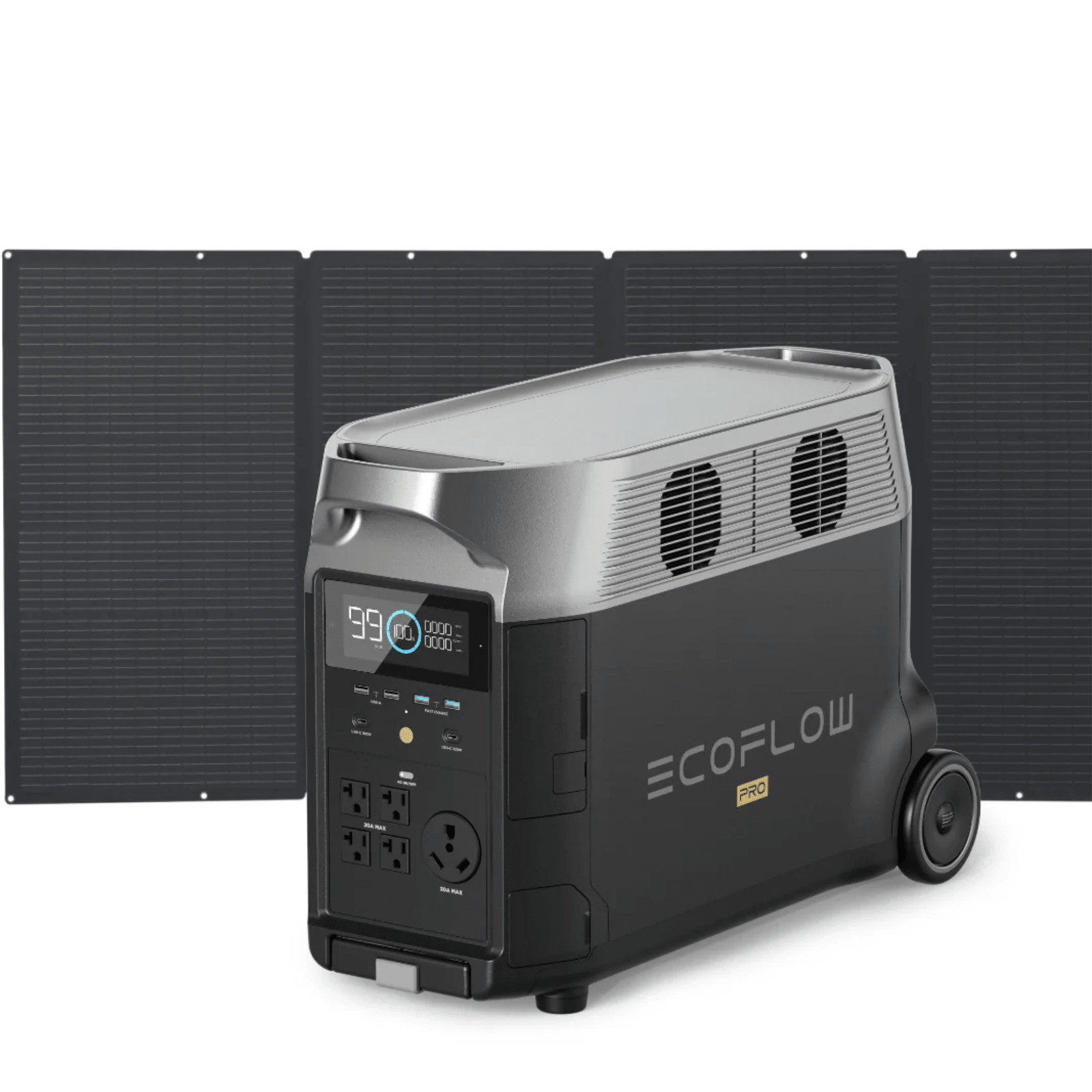 EcoFlow DELTA Pro portable power station with 3600Wh capacity and 400W solar panel for renewable energy and portable power needs.