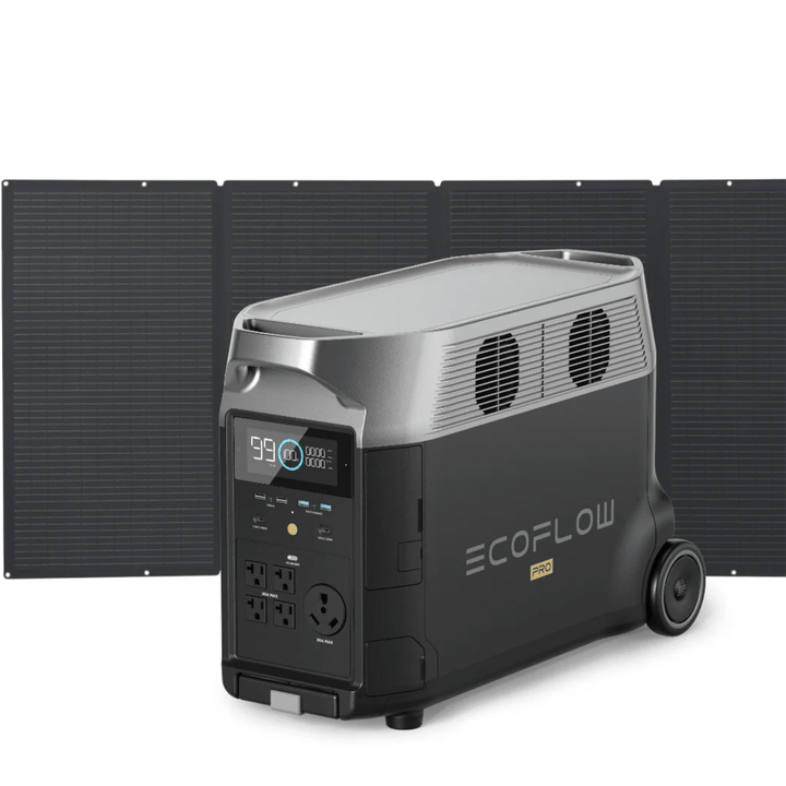 EcoFlow DELTA Pro portable power station with 3600Wh capacity and 400W solar panel for renewable energy and portable power needs.
