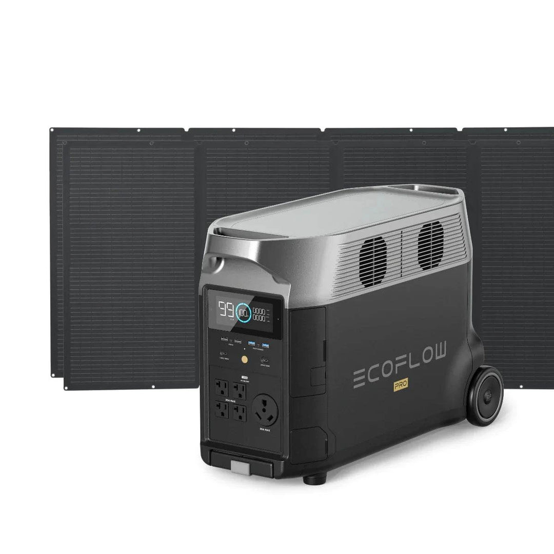 EcoFlow DELTA Pro portable power station with two 400W solar panels, outdoor charging setup and portable energy solution.