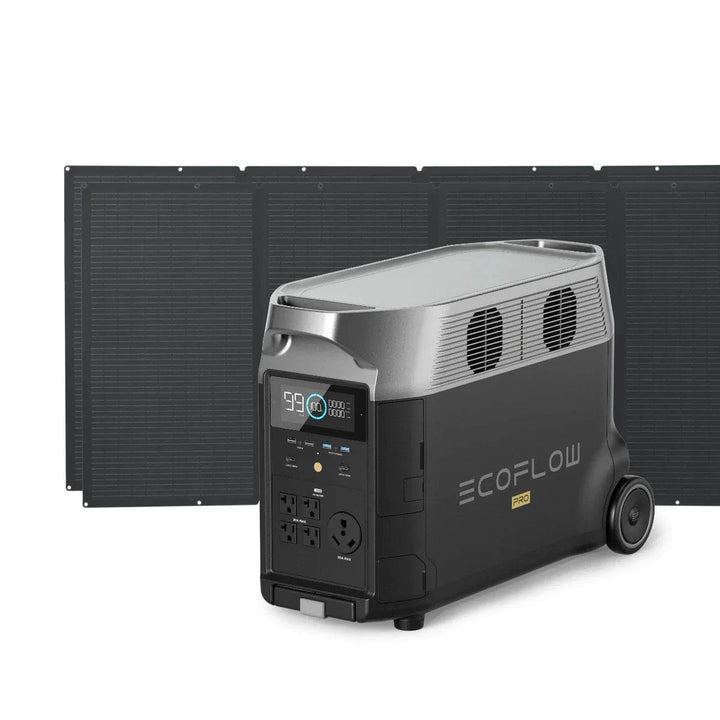 EcoFlow DELTA Pro portable power station with two 400W solar panels, outdoor charging setup and portable energy solution.