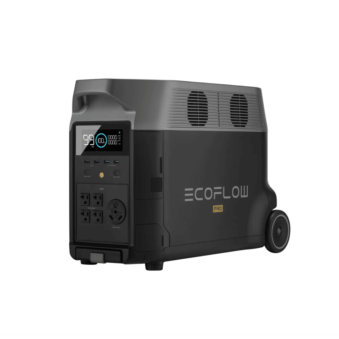 EcoFlow DELTA Pro portable power station with two 400W solar panels, outdoor charging and renewable energy setup.