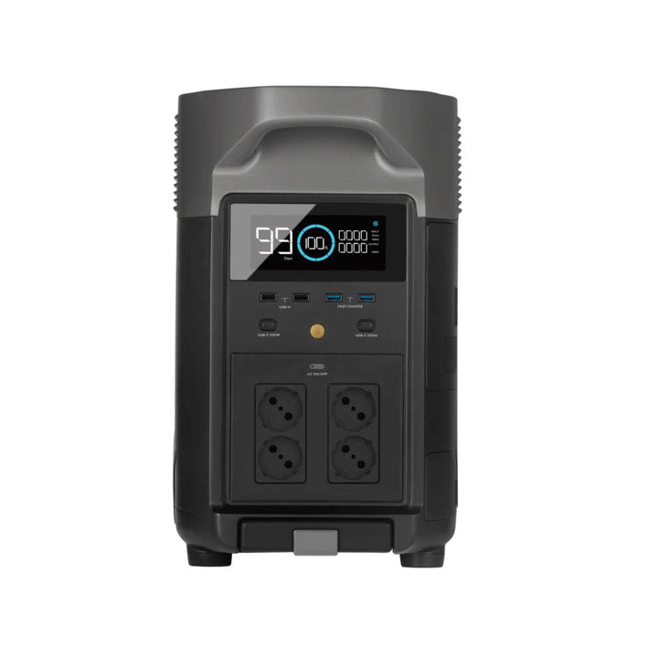 EcoFlow DELTA Pro portable power station with two 400W solar panels, showing the device and solar panels outdoors.