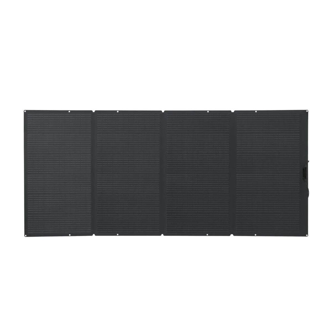 EcoFlow DELTA Pro portable power station with two 400W solar panels, outdoor setup, charging ports, and digital display.