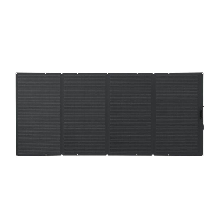 EcoFlow DELTA Pro portable power station with two 400W solar panels, outdoor setup, charging ports, and digital display.