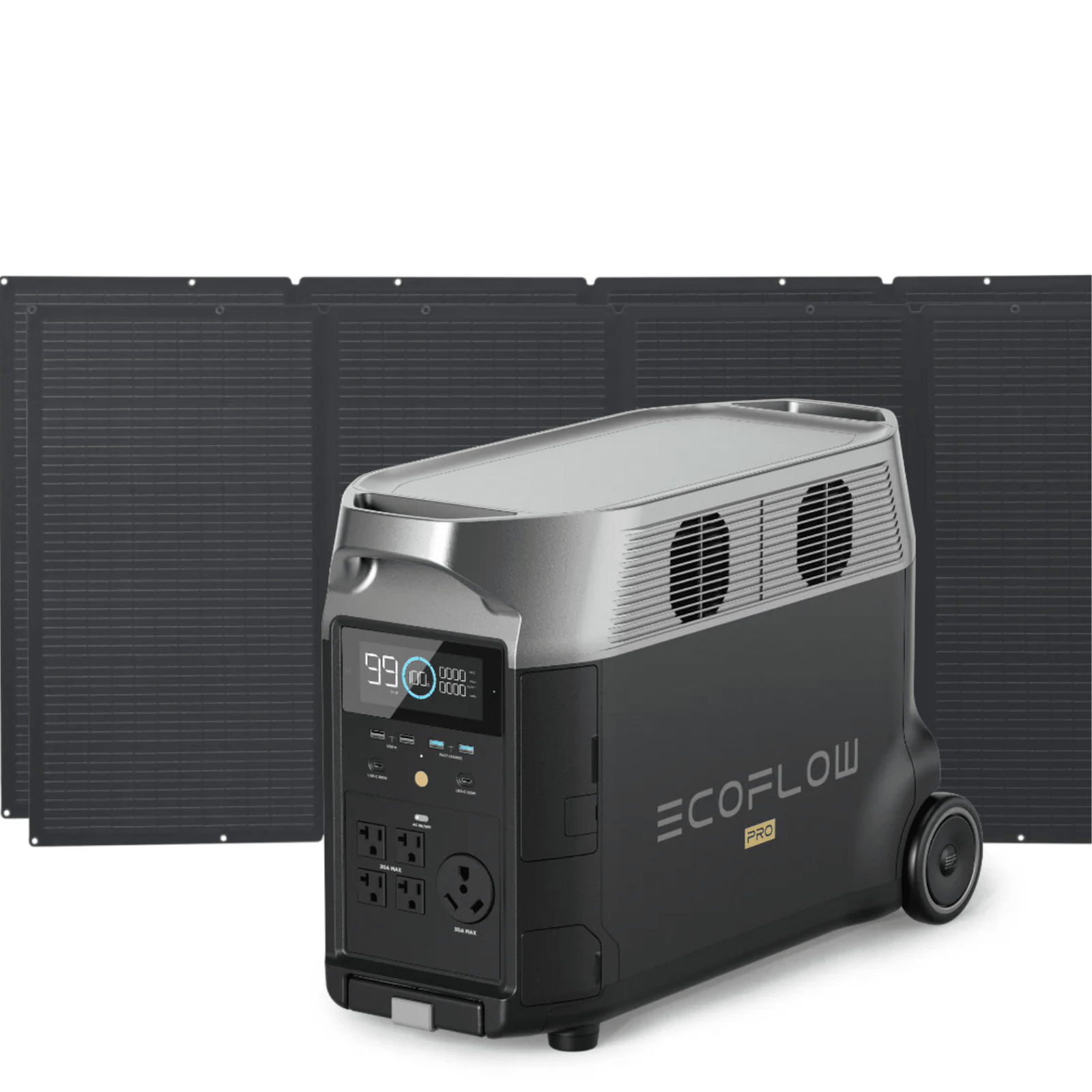 EcoFlow DELTA Pro portable power station with two 400W solar panels for renewable energy and off-grid power solutions.