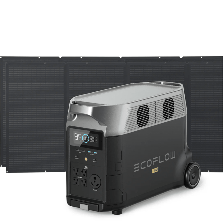 EcoFlow DELTA Pro portable power station with two 400W solar panels for renewable energy and off-grid power solutions.