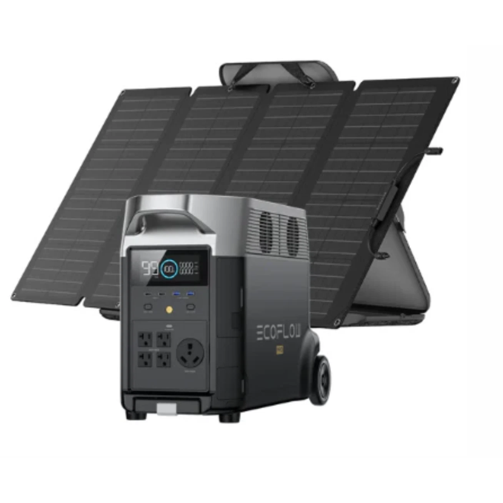 EcoFlow Delta Pro portable power station with 160W solar panel, showing the sleek design and multiple charging ports.