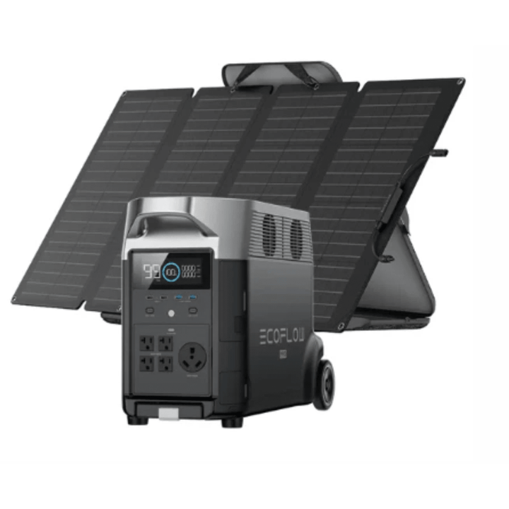 EcoFlow Delta Pro portable power station with 160W solar panel, showing the compact device connected to the solar panel.