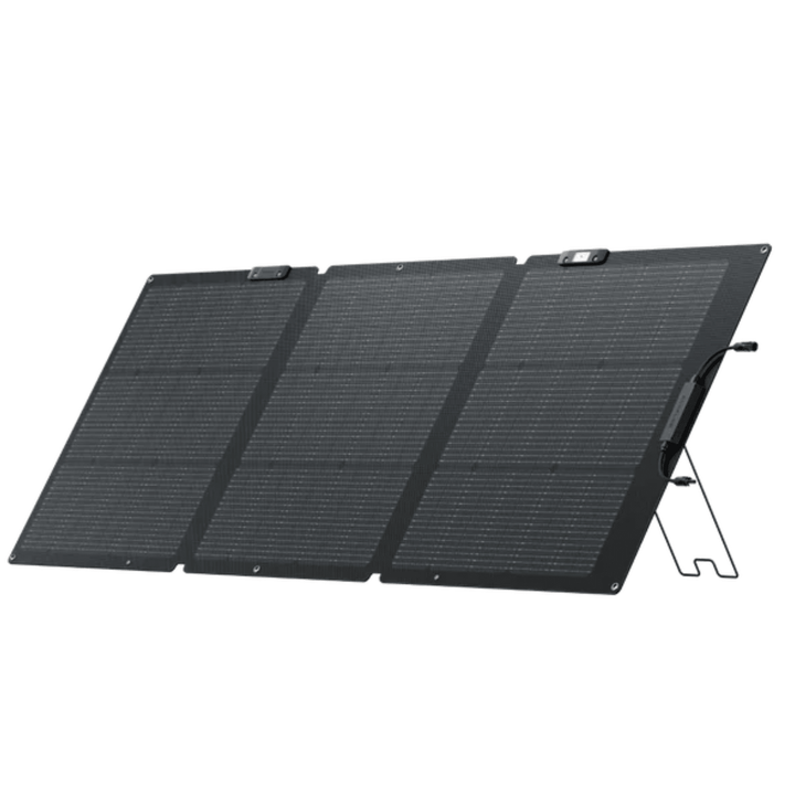 EcoFlow Delta Pro portable power station with 160W solar panel, showing the power station and foldable solar panel outdoors.