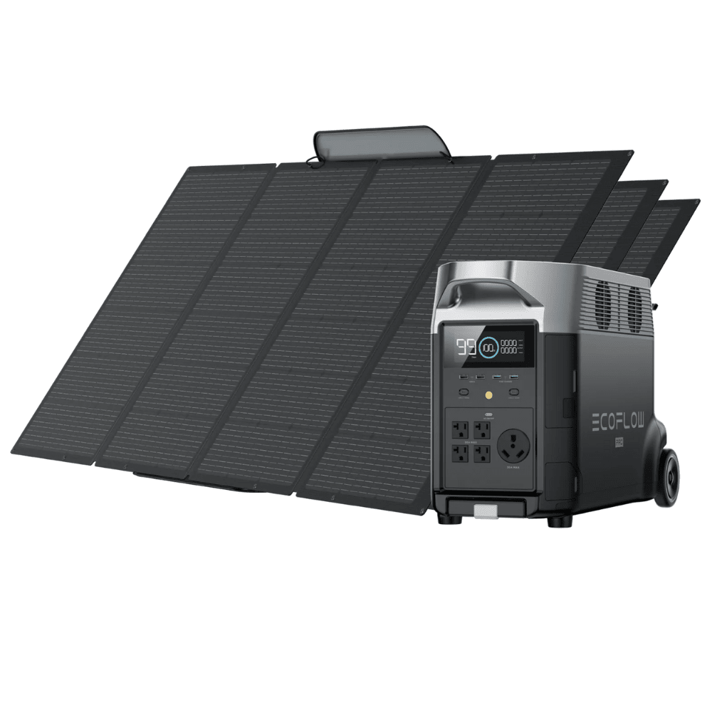 EcoFlow DELTA Pro portable power station with three 400W solar panels, showing the station&