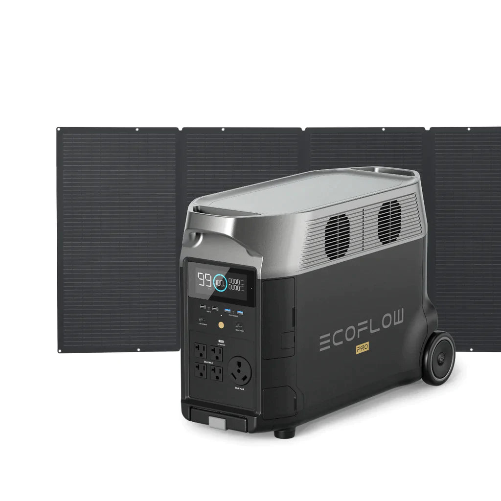 EcoFlow DELTA Pro portable power station with 3600Wh capacity and three 400W solar panels for renewable energy.