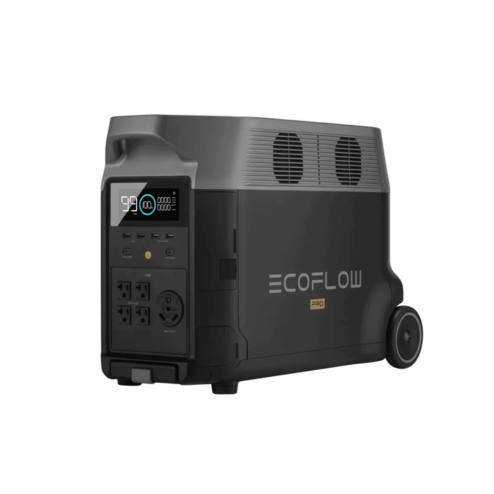 EcoFlow DELTA Pro portable power station with 3600Wh capacity and three 400W portable solar panels for outdoor energy.