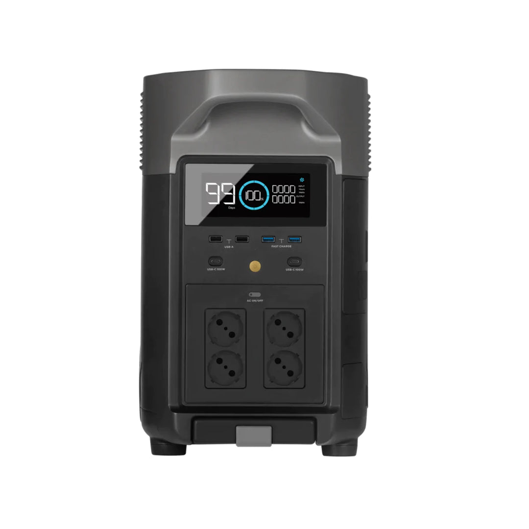 EcoFlow DELTA Pro portable power station with 3600Wh capacity and three 400W portable solar panels for outdoor energy solutions.