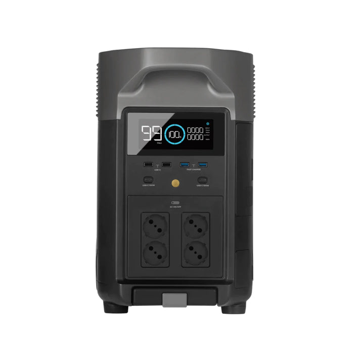 EcoFlow DELTA Pro portable power station with 3600Wh capacity and three 400W portable solar panels for outdoor energy solutions.