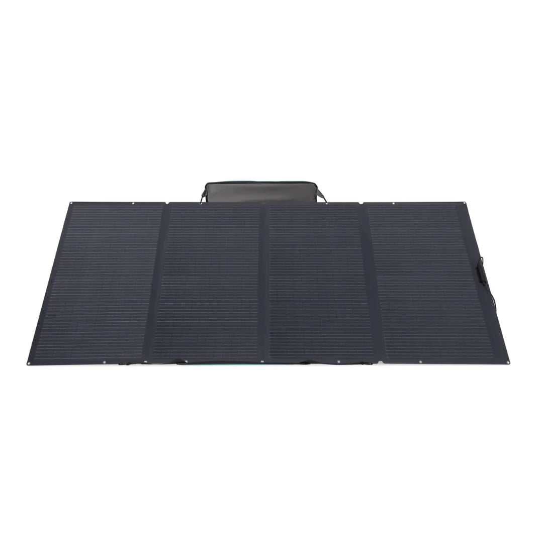 EcoFlow DELTA Pro portable power station with three 400W solar panels, outdoor energy storage and solar charging setup.