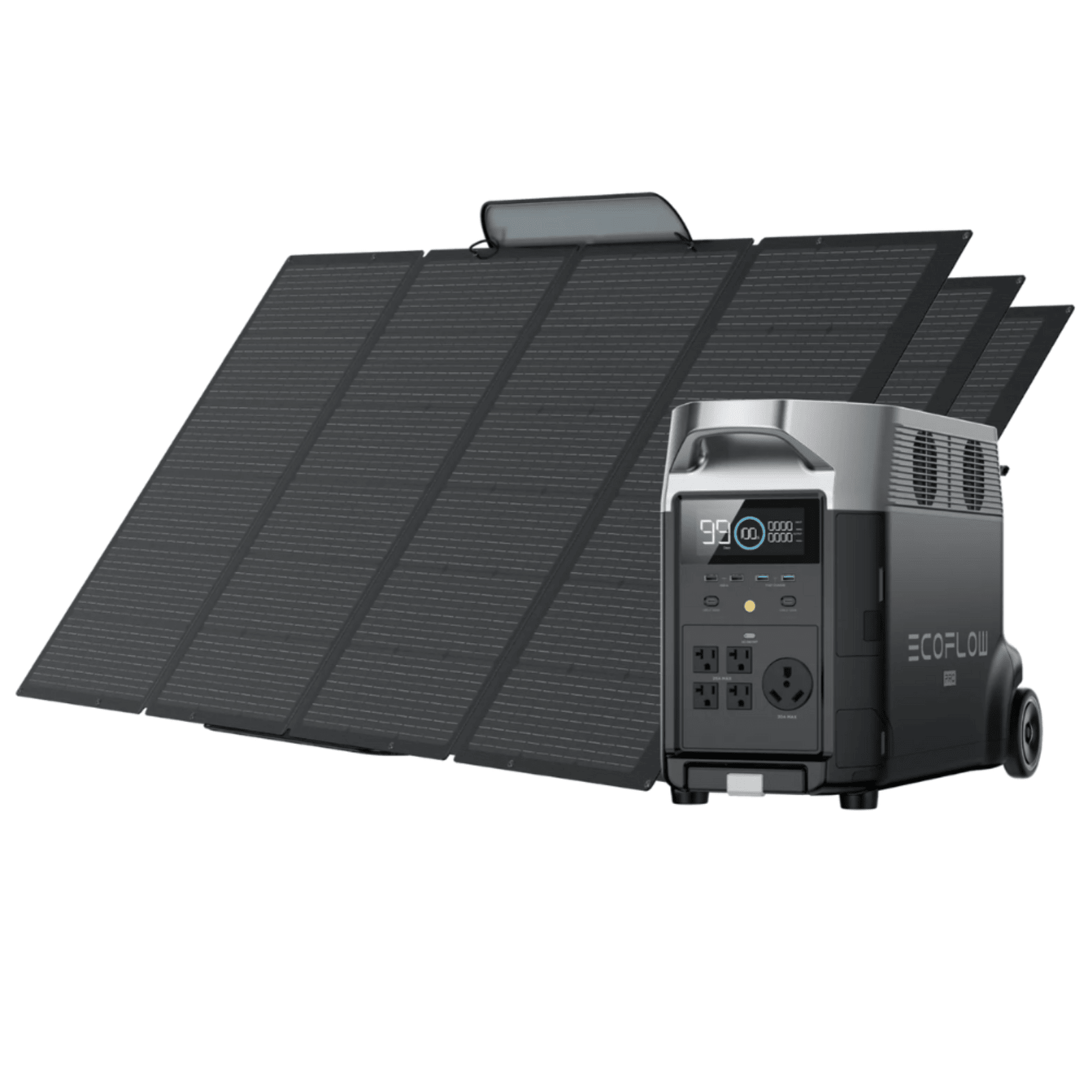 EcoFlow DELTA Pro portable power station with three 400W solar panels, showing the compact power and solar charging setup.
