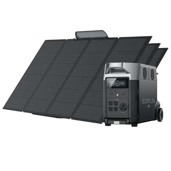 EcoFlow DELTA Pro portable power station with three 400W solar panels, showing the compact power and solar charging setup.