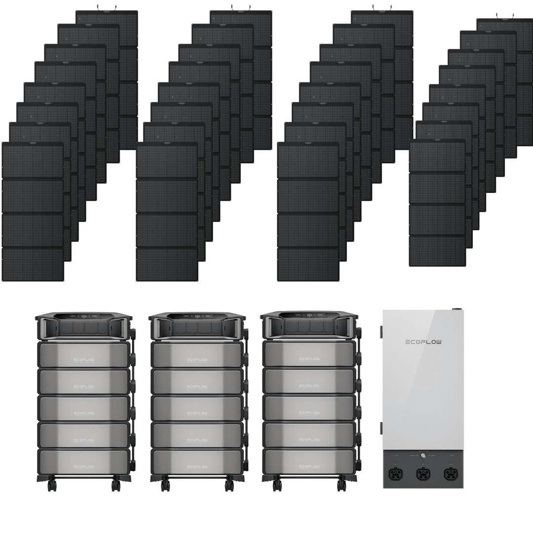 EcoFlow Delta Pro Ultra portable power stations with 15 batteries, Smart Panel 2, and 24 solar panels for renewable energy.