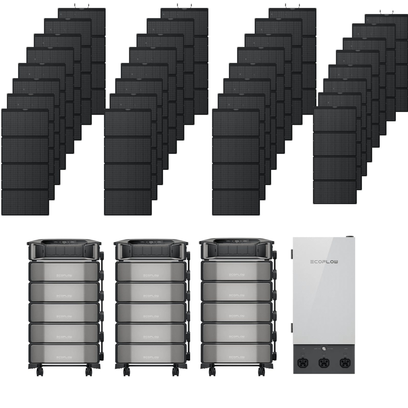 EcoFlow Delta Pro Ultra portable power stations with 15 batteries, Smart Panel 2, and 24 solar panels for renewable energy.