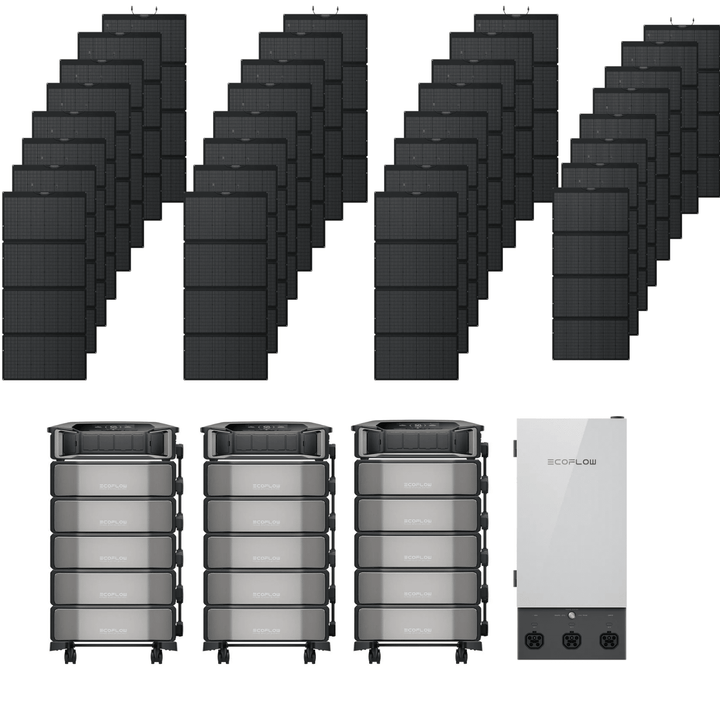 EcoFlow Delta Pro Ultra portable power stations with 15 batteries, Smart Panel 2, and 24 solar panels for renewable energy.