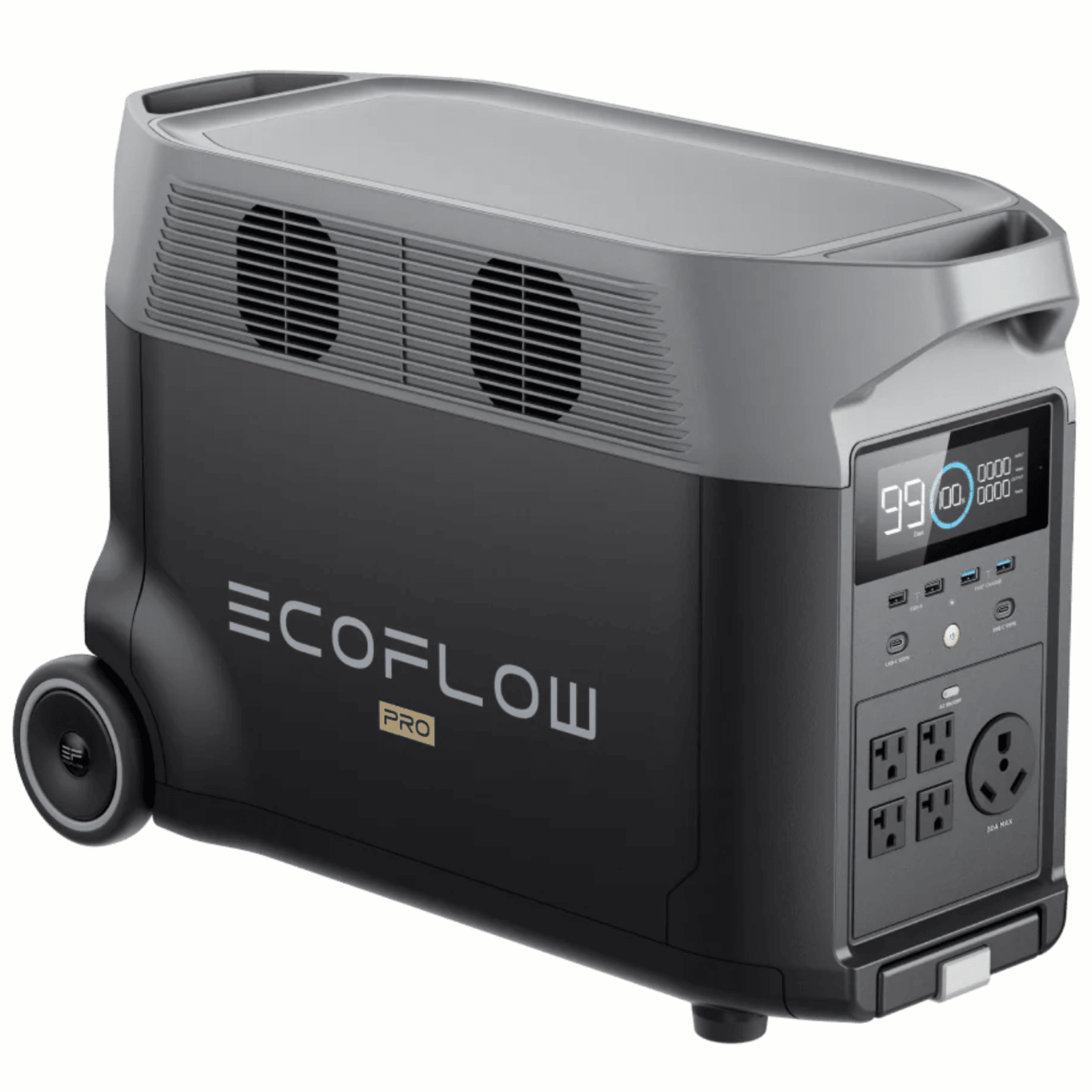 EcoFlow Delta Pro portable power stations with solar panels, showing multiple units and solar panels connected for portable energy.