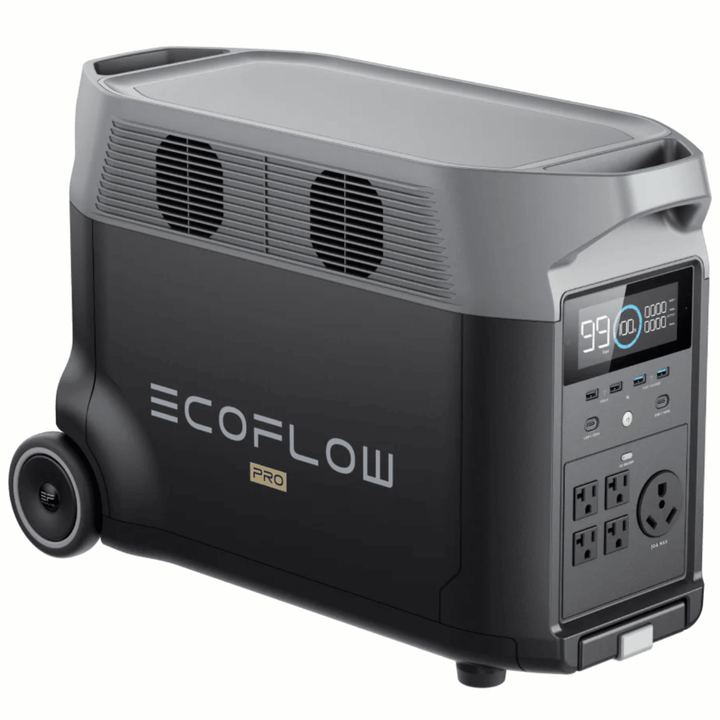 EcoFlow Delta Pro portable power stations with solar panels, showing multiple units and solar panels connected for portable energy.