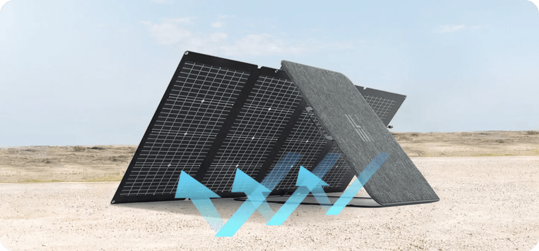 EcoFlow DELTA Pro portable power stations with six 220W solar panels, outdoor energy storage and solar charging setup.