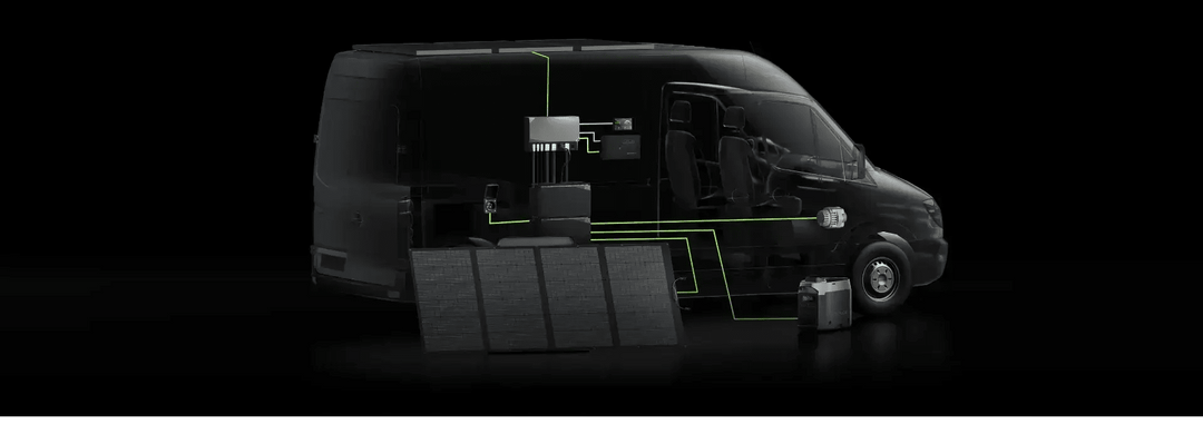 Two EcoFlow DELTA Pro portable power stations with six 220W solar panels for outdoor energy storage and solar power generation.