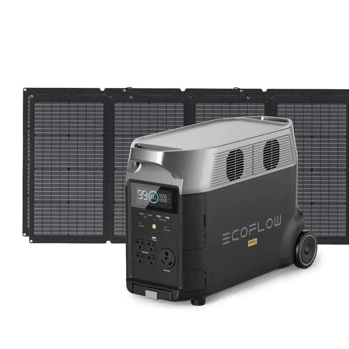 Two EcoFlow DELTA Pro portable power stations with six 220W solar panels, outdoor power and solar energy setup.