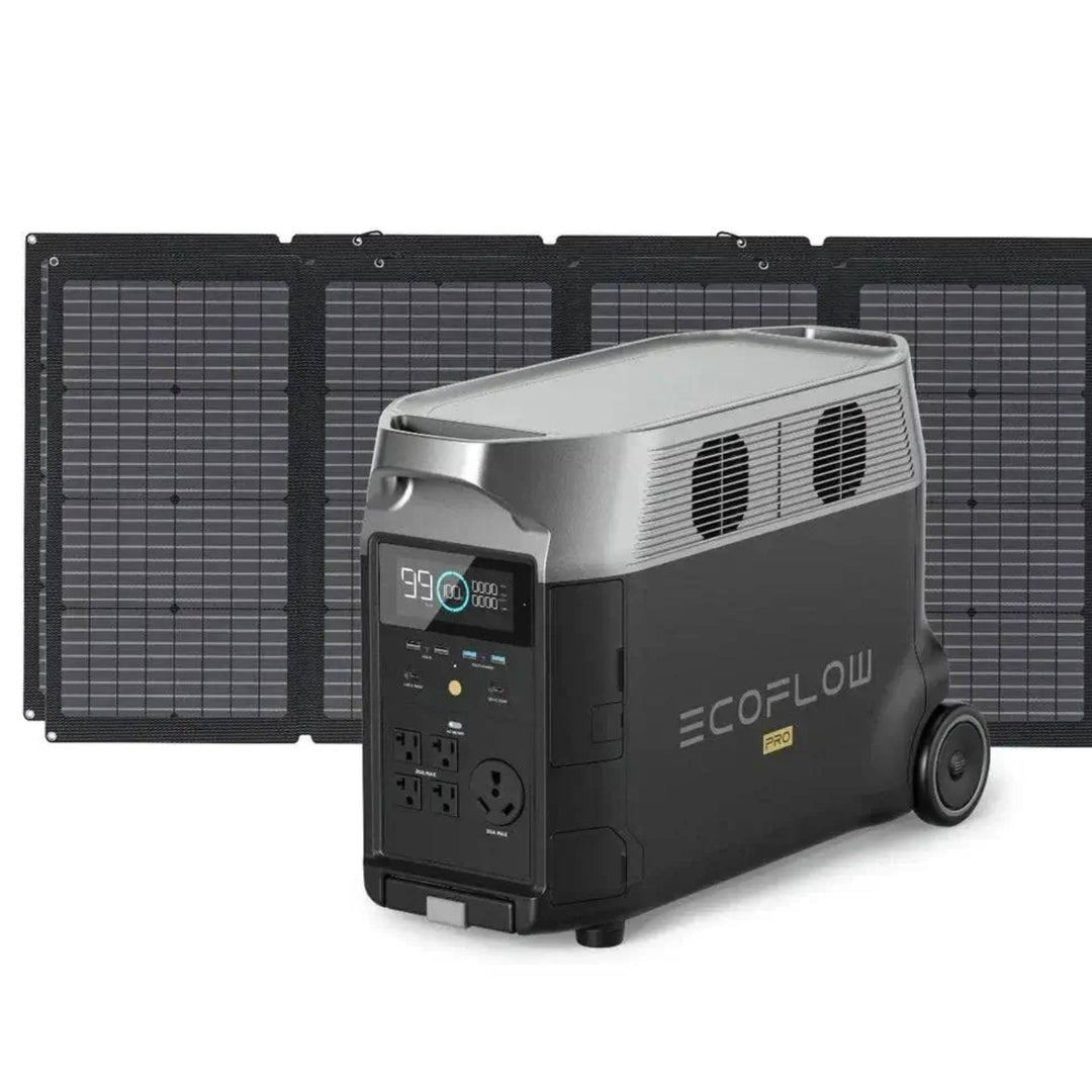 EcoFlow portable power stations and 400W solar panels, two Delta Pro units with six solar panels for renewable energy.