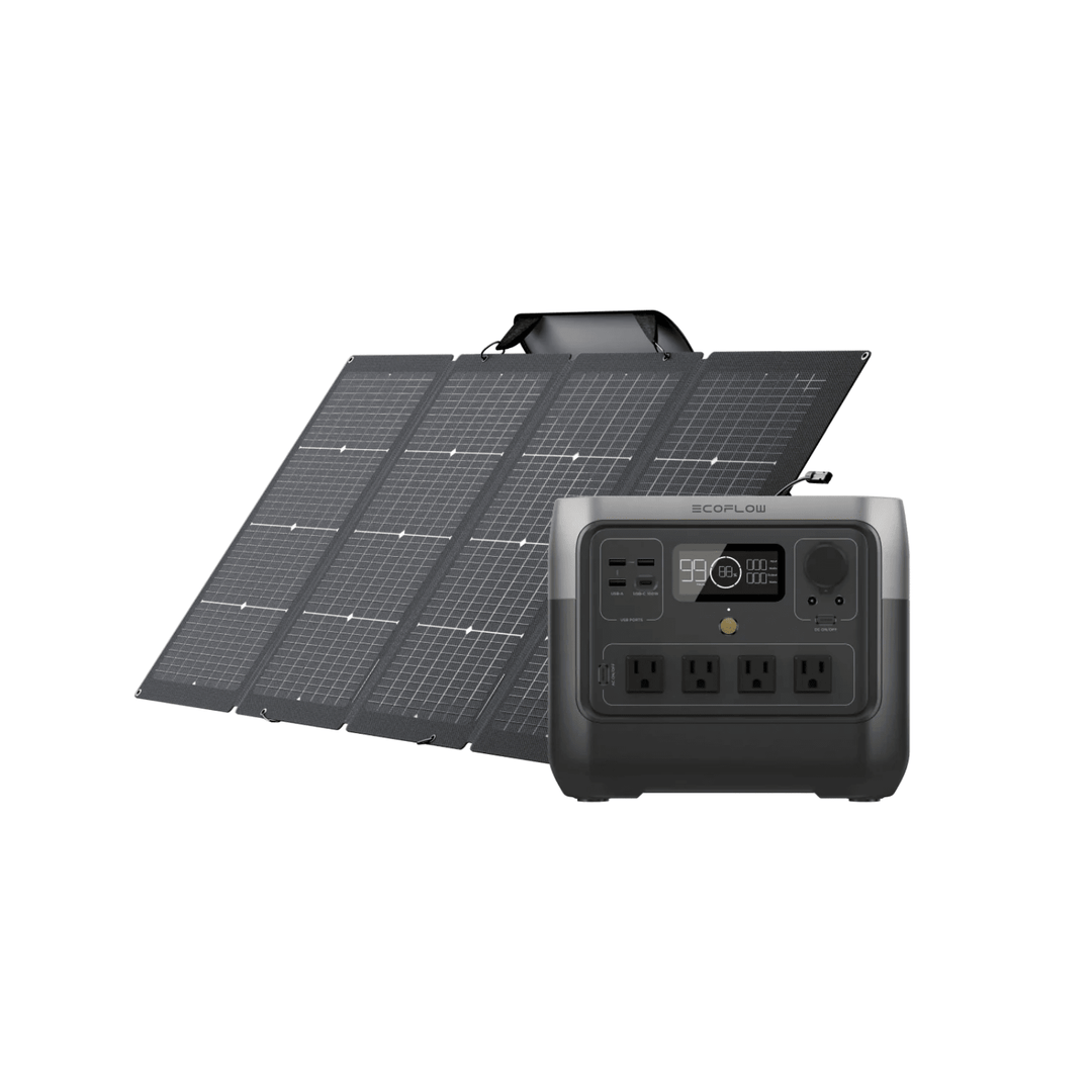 EcoFlow RIVER 2 Pro portable power station with 768Wh capacity and 220W solar panel for outdoor charging and energy storage.