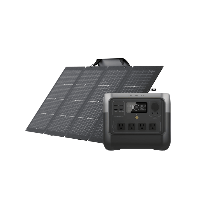 EcoFlow RIVER 2 Pro portable power station with 768Wh capacity and 220W solar panel for outdoor charging and energy storage.