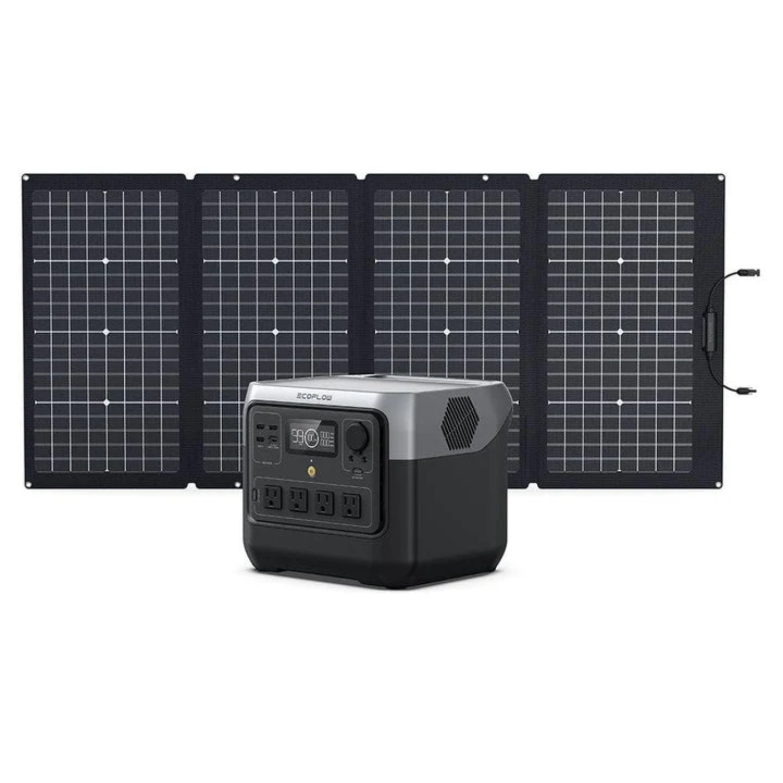 EcoFlow RIVER 2 Pro portable power station with 768Wh capacity and 220W solar panel, showing the device and solar panel setup.