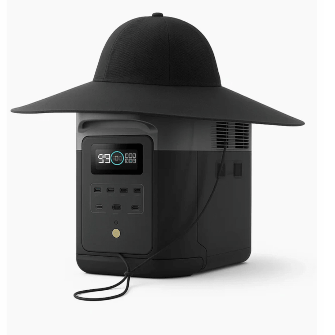 EcoFlow Delta 2 Max portable power station with Power Hat L size, featuring multiple outlets and digital display for versatile power supply.