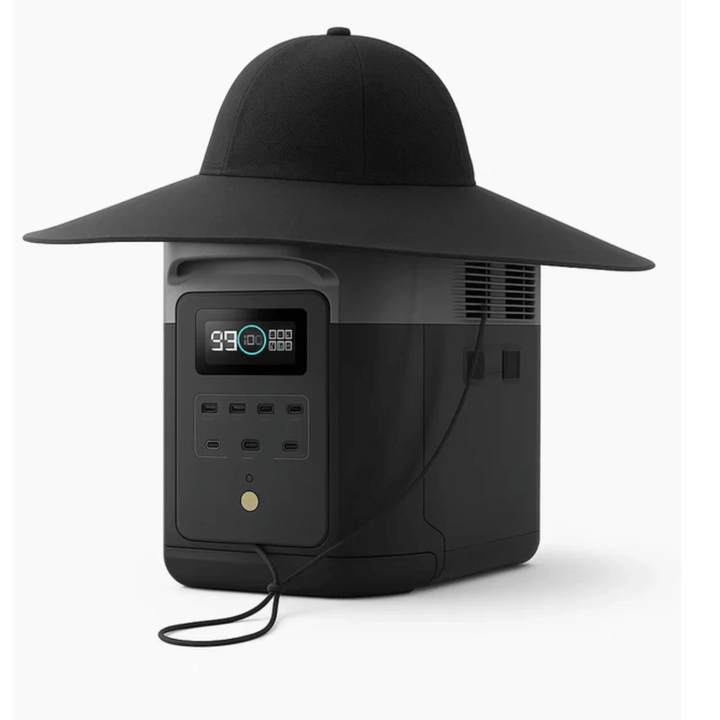 EcoFlow Delta 2 Max portable power station with Power Hat L size, featuring multiple outlets and digital display for versatile power supply.