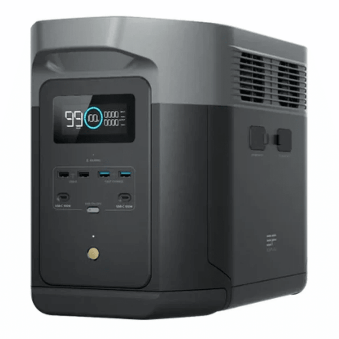 EcoFlow Delta 2 Max portable power station with Power Hat L size, compact device with multiple ports for charging devices.