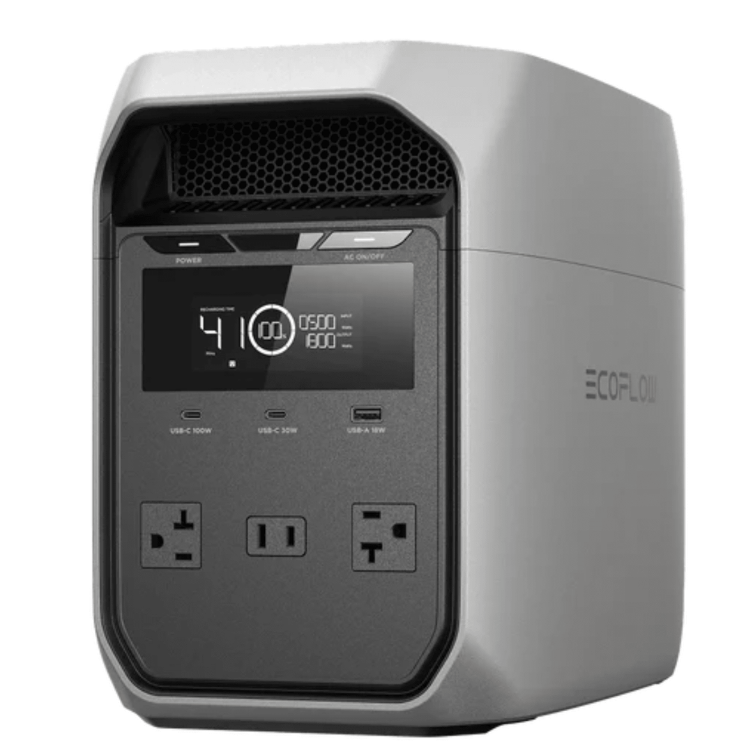 EcoFlow DELTA 3 Classic portable power station with 1024Wh energy capacity, showing power outlets and digital display.