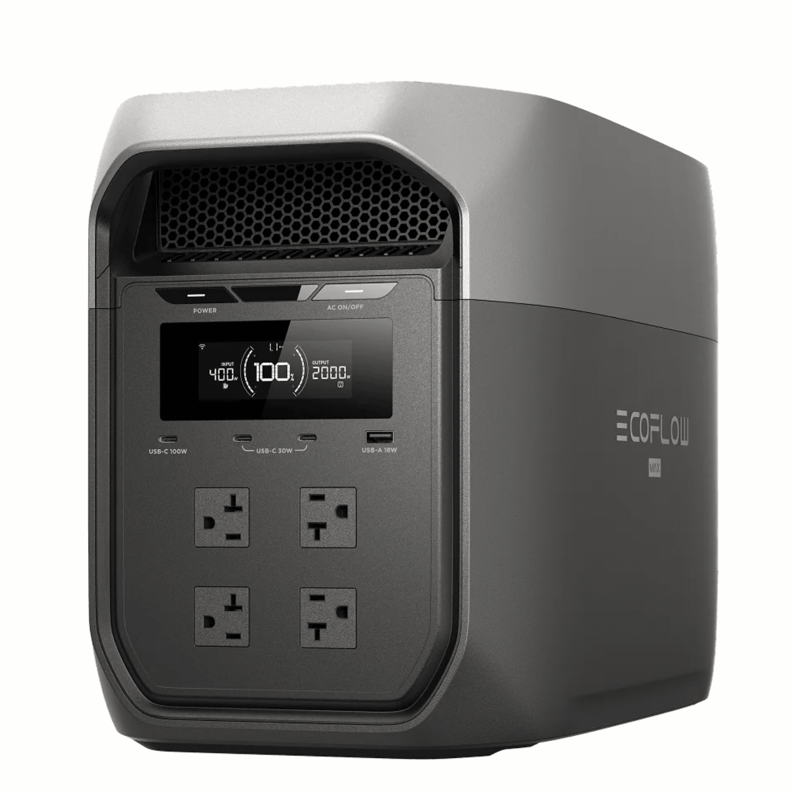 EcoFlow DELTA 3 Max Plus portable power station with 2048Wh capacity, featuring multiple outlets and a compact design for backup power.