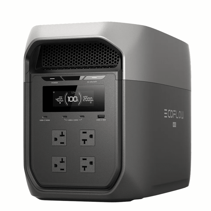 EcoFlow DELTA 3 Max Plus portable power station with 2048Wh capacity, featuring multiple outlets and a compact design for backup power.