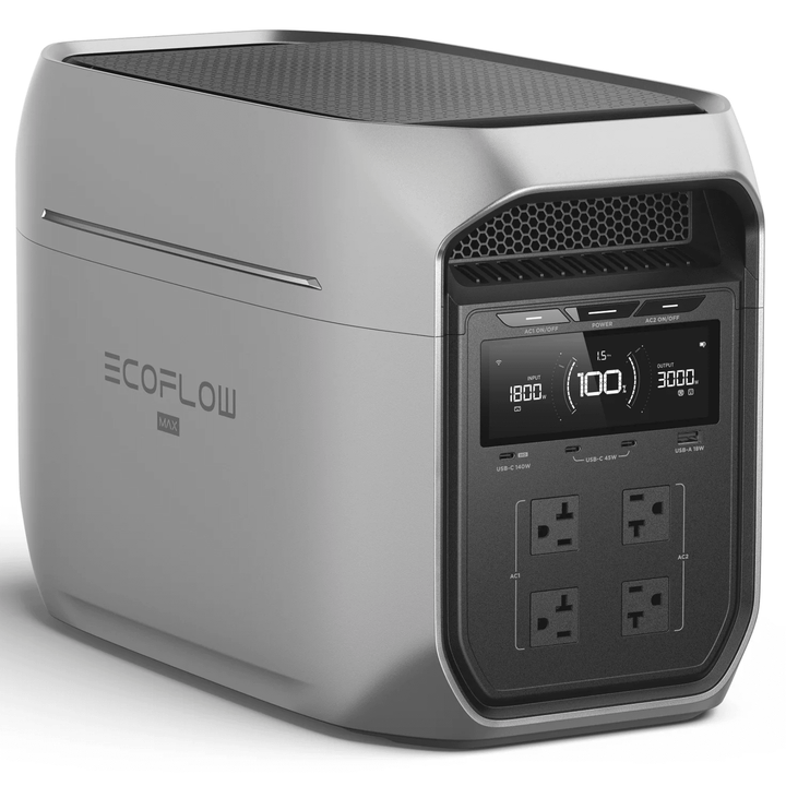 EcoFlow DELTA 3 Max Plus portable power station with a digital display showing battery status and multiple outlet ports.